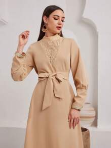 Mulvari Women's Stand-Up Collar Lace Splicing Waist Belt Arabian Dress