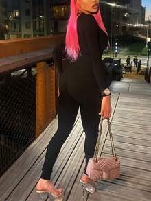 Long Sleeve Zipper Bodycon Jumpsuit - Black - View 2