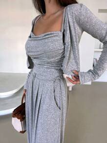 DAZY Women'S Short Jacket, Pleated Camisole Top And Wide Leg Pants 2pcs Outfit Set Lounge Sets For Women - Grey - View 3