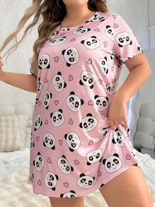 SHEIN Váy ngủ tay ngắn in hình gấu trúc dễ thương cỡ lớn, váy ngủ Moo Moo. - Hồng - Xem 1