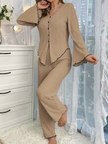 Bộ đồ ngủ dài tay viền rau diếp màu tương phản dành cho nữ - Cà phê nâu - Xem 5