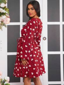 SHEIN 孕婦波點印花交叉領裙,心形圖案 - 紅色 - 查看 2