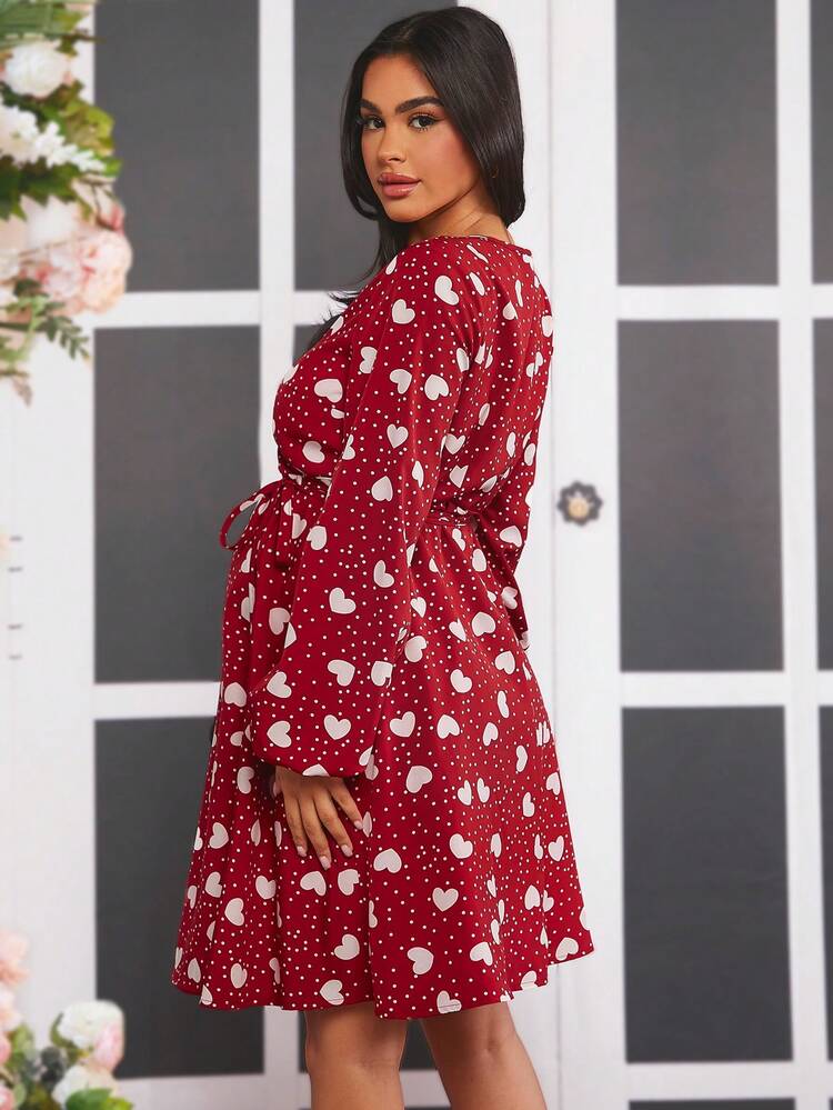Maternity Polka Dot Print Wrap Neckline Dress With Heart Shaped Pattern
