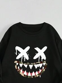 SHEIN EZwear Women's Two-Piece Tracksuit Set With Printed Emoticons Design Sweatshirt And Sweatpants - Black - View 3