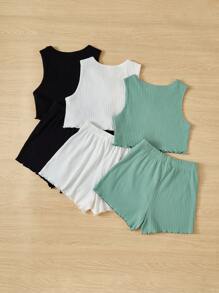 SHEIN Leap Crew 3pcs/Set Tween Girls' Knitted Solid Color V-Neck Top And Loose Shorts With Knitted Cardigan Set - Multicolor - View 2