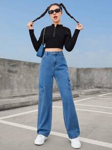 SHEIN Pantalones Vaqueros Rectos Y Cómodos Para Adolescentes - Lavado ligero - Ver 3