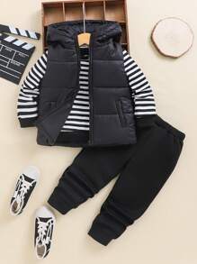 SHEIN 3入組/套小男童學院風條紋圖案運動衫,背心和長褲 - 黑色 - 查看 1