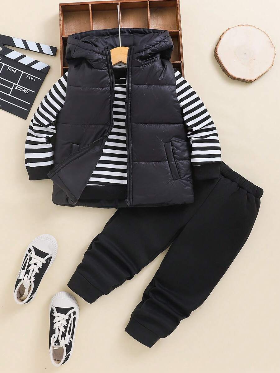 SHEIN 3入組/套小男童學院風條紋圖案運動衫,背心和長褲 - 黑色 - 查看 1