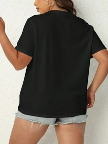 SHEIN EZwear 大尺寸女士口號印花圓領t恤 - 黑色 - 查看 2