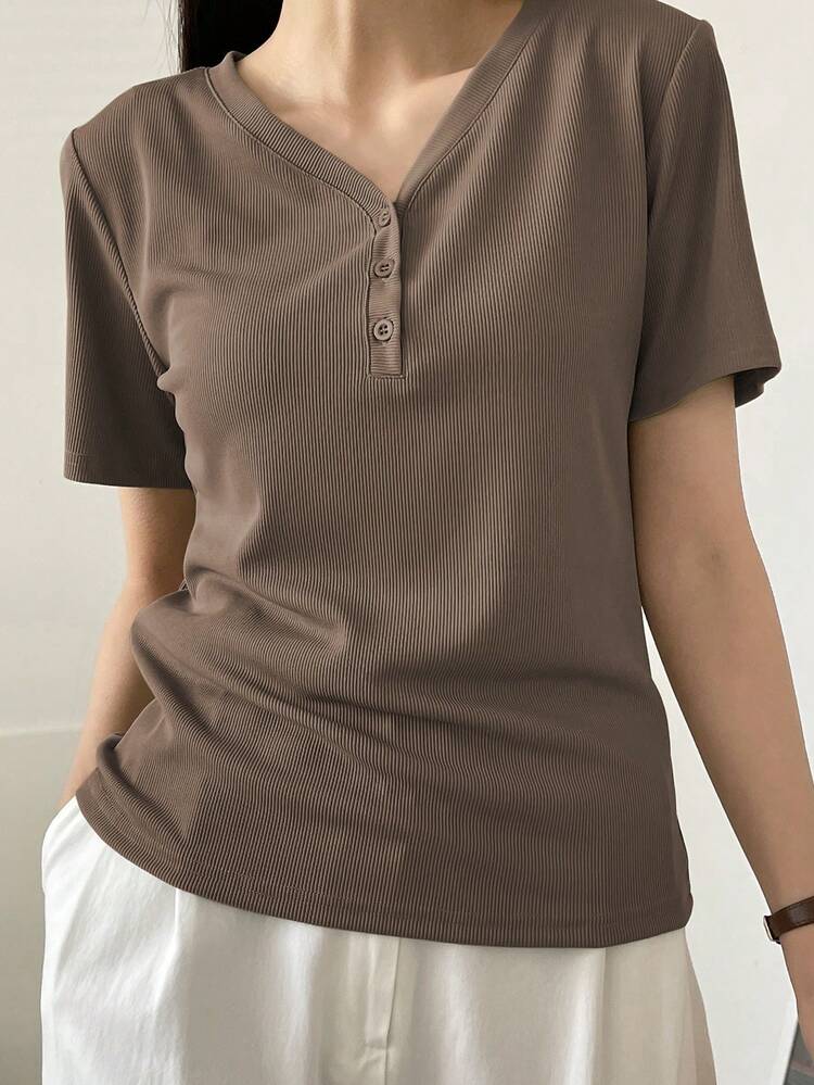 Solid Color Ribbed Knit V-Neck Short Sleeve T-Shirt Old Money Style Summer Preppy Tops Business Casual Woman Work Clothes