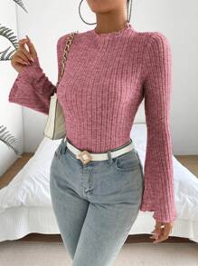 SHEIN Essnce 女士鈴鐺袖肋織短t恤 - 中紫紅色 - 查看 6