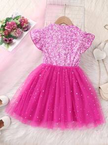 SHEIN Glamorique Kids Young Girl Summer Fairy Birthday Dress,Short Cap Sleeve Glitter Letter Print With Bowknot Waist Sparkly Mesh Kids Sparkle Dress - Hot Pink - View 2