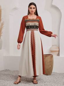 Al Najma Women's Geometric Embroidery Long Lantern Sleeve Arabian Modest Dress - Multicolor - View 3