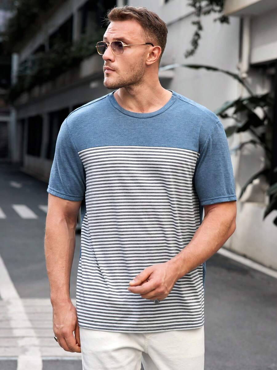 GENTILAND 大尺碼男士針織休閒條紋短袖t恤 - 彩色 - 查看 1