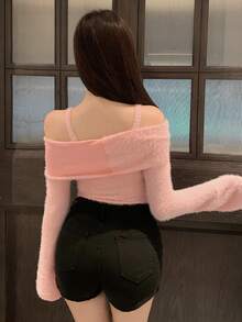 DAZY Của phụ nữ Màu thuần Xu hướng: Cắt giảm Dây Tay áo chuông Áo thun - Hồng - Xem 6