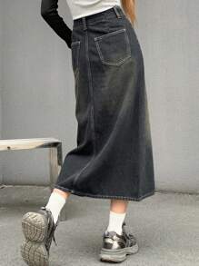 DAZY Washed High-Low Hem Loose-Fit Denim Skirt With Slanted Pockets