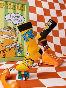 GARFIELD | SHEIN 2pcs/Set Funny Cartoon Pattern Cotton Breathable Moisture Wicking Mid-Calf Socks For Men & Women