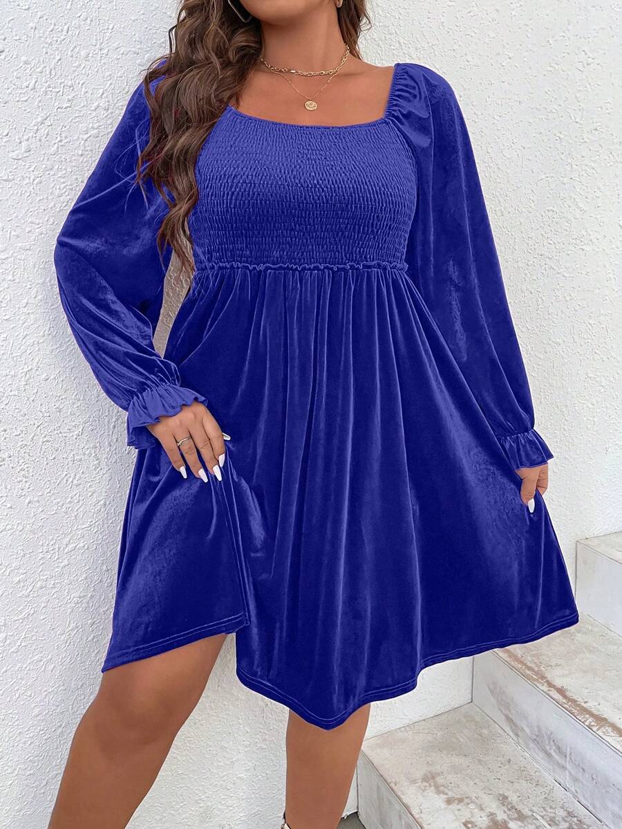 SHEIN Clasi Plus Size Solid Color Flounce Sleeve Dress - Royal Blue - View 1