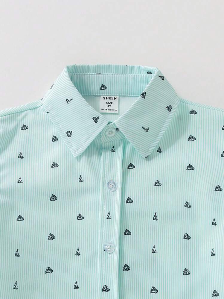 SHEIN Young Boy 2pcs/Set Short-Sleeve T-Shirt With Sailboat Print Chic Outfits For Autumn/Winter - Green - View 5