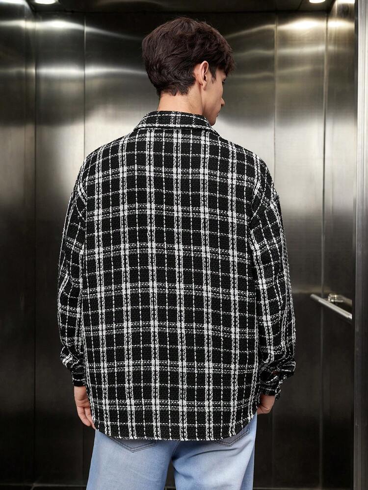 1pc Woven Plaid Patch Pockets Oversized Casual Shirt