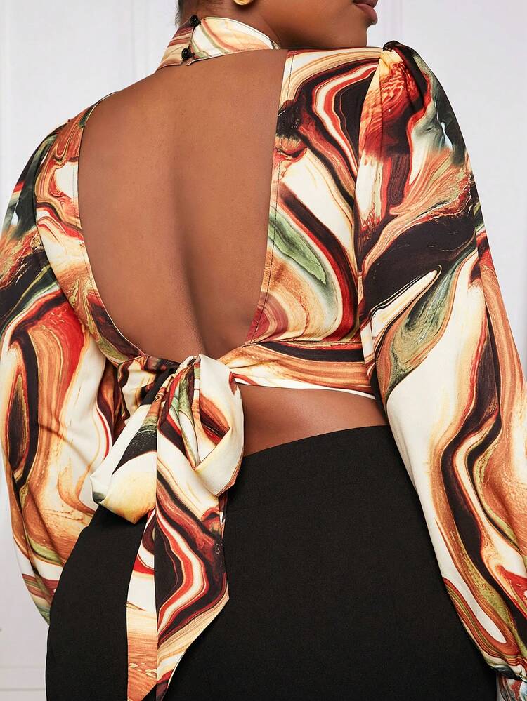 Plus Size Women'S Hollow Out Flowy Printed Colorblock Two Piece Set