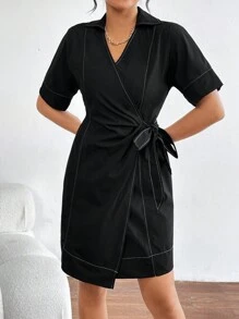 SHEIN Essnce Women'S Color Block Stitching Wrapped Belt Dress - Black - View 4