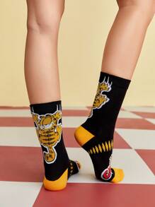 GARFIELD | SHEIN 2pcs/Set Funny Cartoon Pattern Cotton Breathable Moisture Wicking Mid-Calf Socks For Men & Women