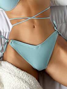 SHEIN Swim 纯色两件套比基尼套装狂欢夏日海滩 - 藍色 - 查看 3