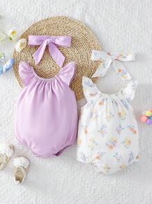 可愛優雅的花卉印花波浪袖連髮箍套裝嬰兒女寶寶連體衣 - 彩色 - 查看 3