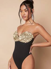 SHEIN BAE Women's Color Blocking Sequin Patchwork Strapless Bodysuit - Gold - View 5