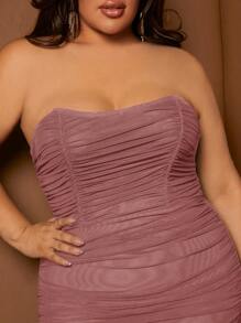 SHEIN SXY Robe Sans Bretelles Plissée En Tissu À Mailles Grande Taille - Lie de vin - Voir 4
