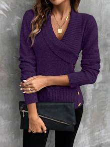 EMERY ROSE Fashionable Women's Shawl Collar Button Detail Sweater - Purple - View 3