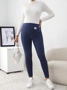 SHEIN 孕婦彈力褲,帶有可調節腰帶和拼接細節 - 藏蓝色 - 查看 5