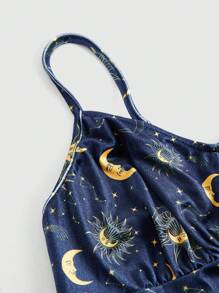 ROMWE Hippie Plus Size Sun, Moon, Stars Printed Drawstring Spaghetti Strap Dress - Black - View 3