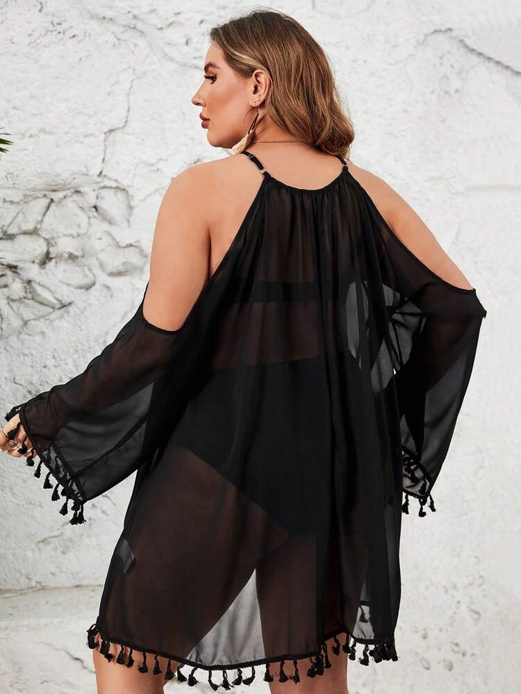 Plus Size Women's Hollow Out Shoulder Fringe Decor Cover Up Dress Music Festival Summer