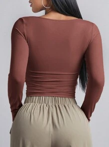 SHEIN BAE 女式長袖方領t恤 - 紅木色 - 查看 2