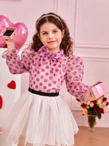 SHEIN Cô Gái Trẻ Đàn organza Chấm bi Ren Đứng cổ áo Áo sơ mi Với Nơ Đồ trang trí Đối với Giải trí Mặc - Hồng - Xem 1