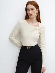 SHEIN BIZwear Women's Asymmetrical Neckline Solid Color T-Shirt - Apricot - View 4