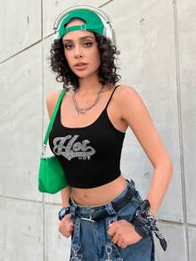 SHEIN EZwear Women's Letter Pattern Rhinestone Decor Spaghetti Strap Tank Top Suitable For Spring And Summer - Black - View 5