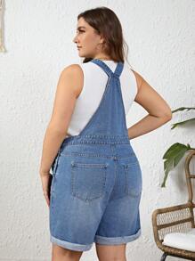 SHEIN LUNE 大码卷边牛仔背带裤 - 中等水洗藍 - 查看 2