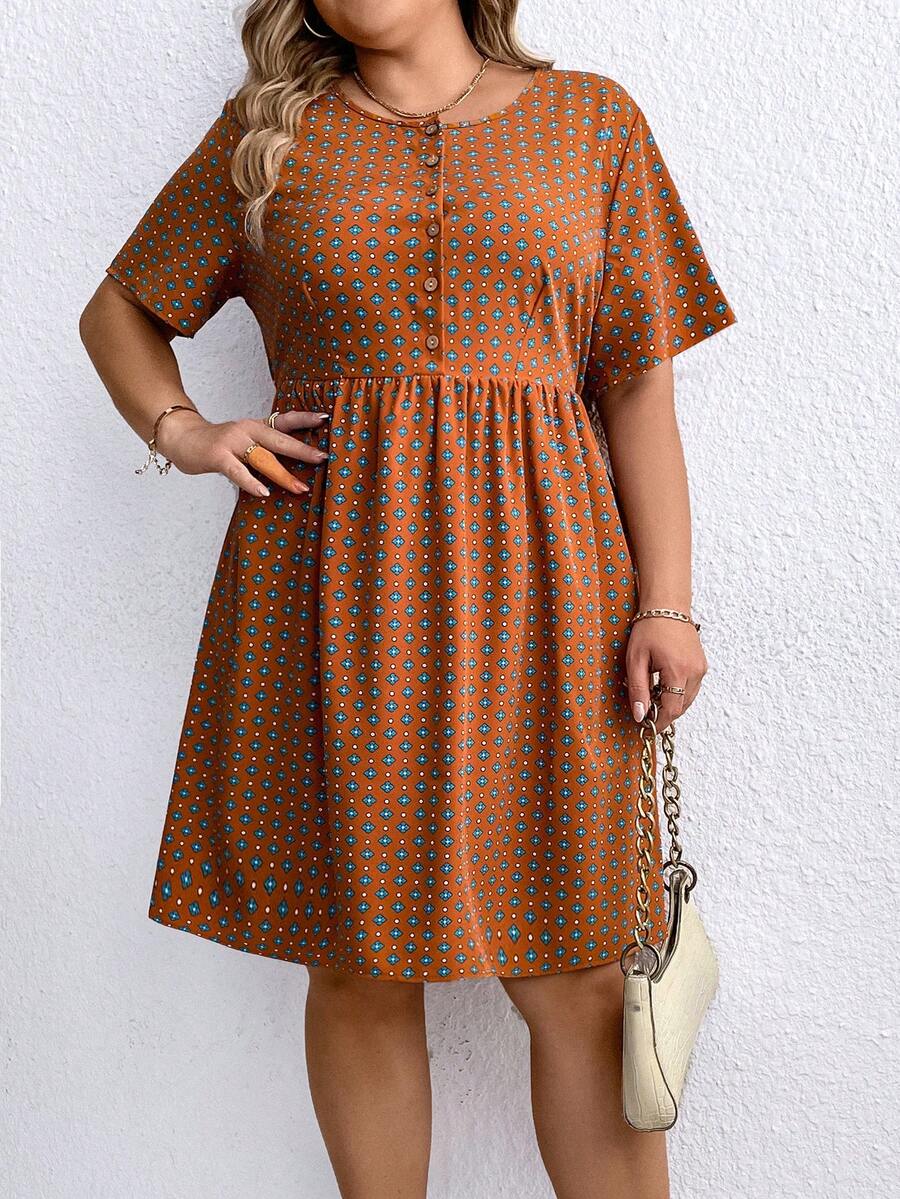 SHEIN LUNE Plus-Size Full Printed Button-Front Knee-Length Dress - Brown - View 1