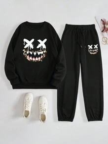 SHEIN EZwear Women's Two-Piece Tracksuit Set With Printed Emoticons Design Sweatshirt And Sweatpants - Black - View 5