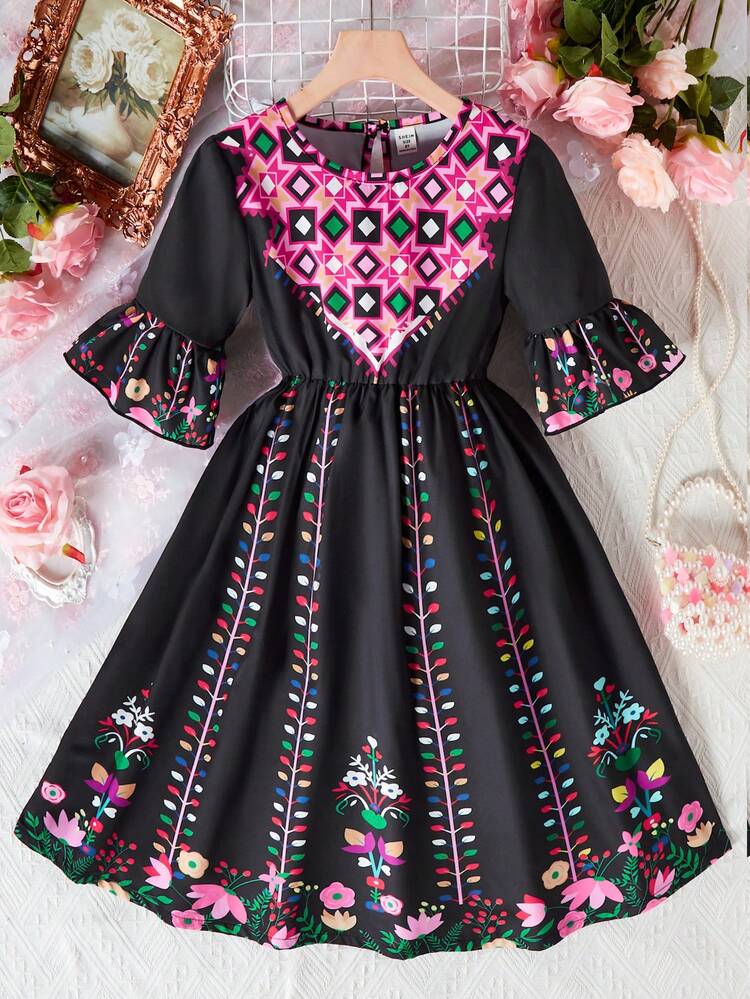 Tween Girl Print Black & Pink Trumpet Sleeve Vacation Summer Dress, Mid-Length