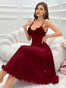 Camisón sexy de noche de malla transparente con adorno de pétalos - Burdeos - Ver 6