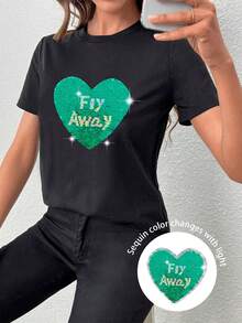 Calvaya Women'S Plus Size Sequin Patchwork Short Sleeve T-Shirt - Black - View 3