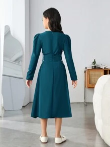 SHEIN Vestido Elegante Midi Ajustado De Manga Larga Con Decoración De Perlas Para Chicas Adolescentes - Agua verde azul - Ver 2