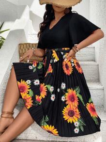 Breezaya Vestido De Talla Grande Para Mujer Con Estampado De Girasoles Y Dobladillo Con Volantes - Negro - Ver 4