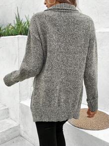 SHEIN Frenchy Women's Half Zipper Turtleneck Long Sleeve Sweater - Dark Grey - View 2