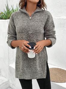 SHEIN Frenchy Women's Half Zipper Turtleneck Long Sleeve Sweater - Dark Grey - View 3