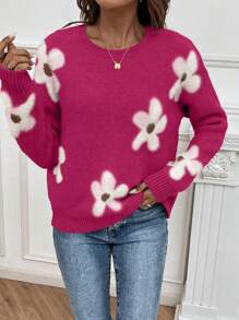 SHEIN LUNE Casual Women's Floral Pattern Sweater - Hot Pink - View 6